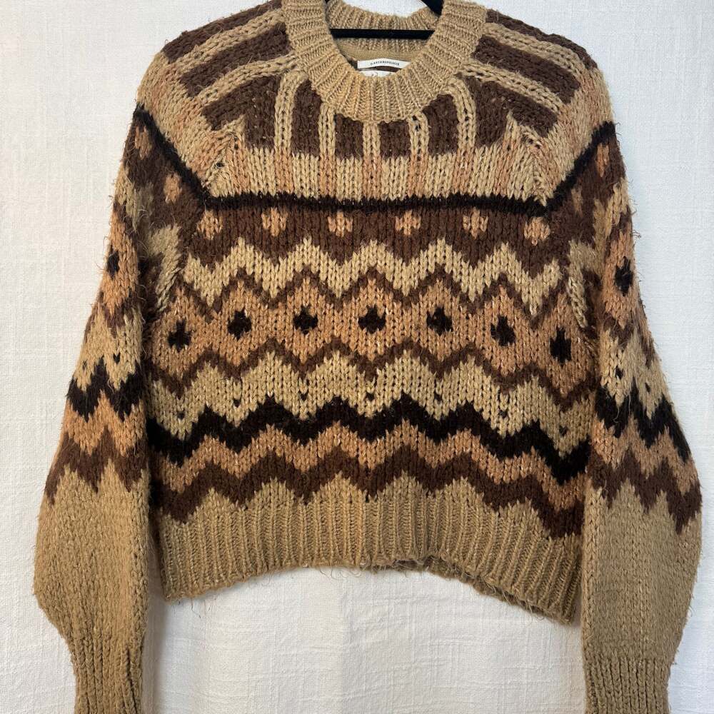 By Anthropologie Brown Geo Patterned Fair Isle Pullover Sweater